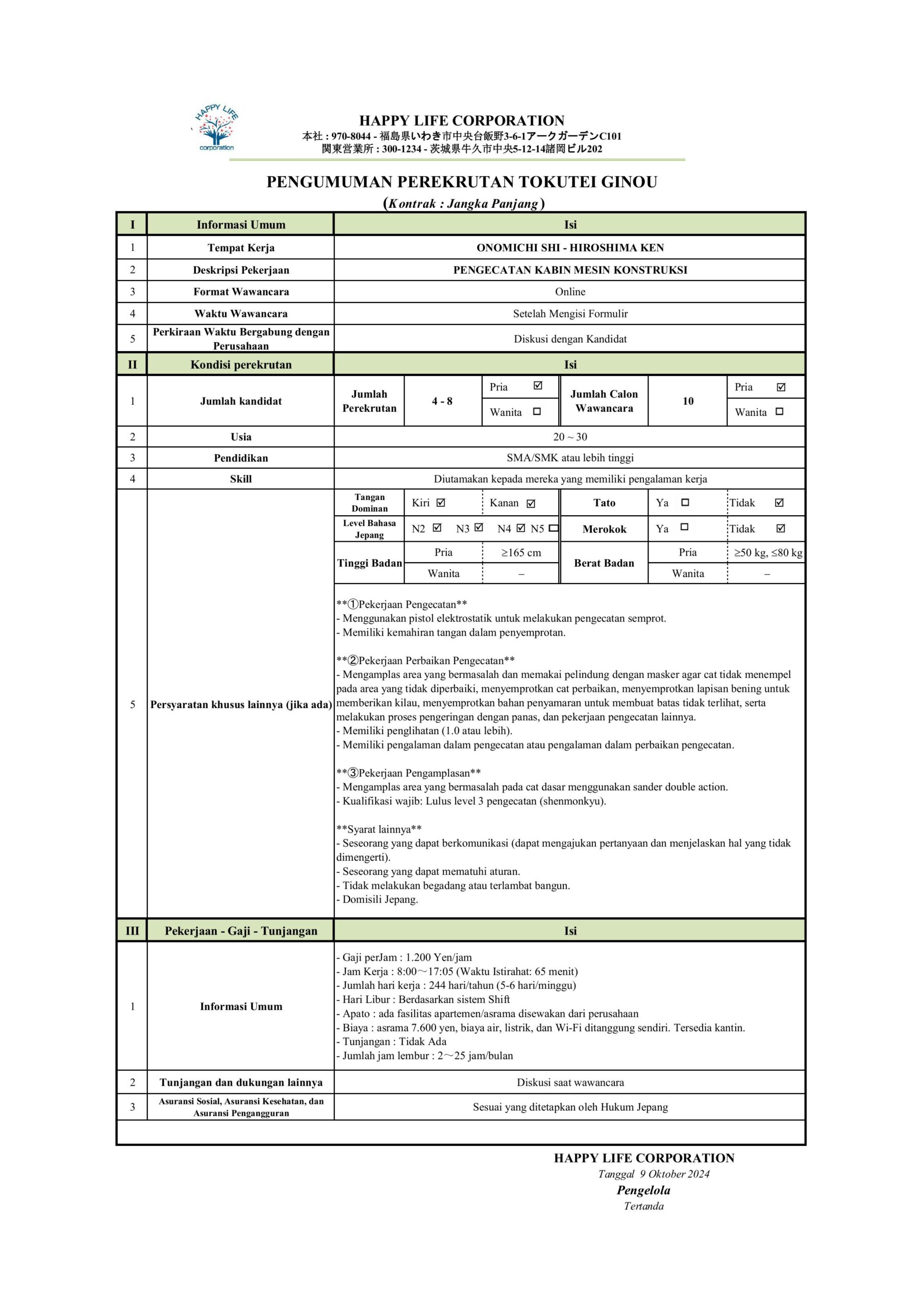 PENGUMUMAN PEREKRUTAN TOKUTEI GINOU INDONEXIA